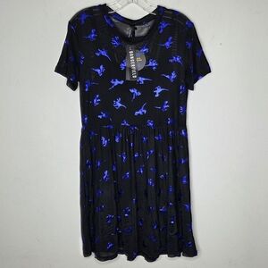 Dangerfield NWT Mesh Blue Foil Raptor Mini Dress Dinosaur Short Sleeve Womens 12